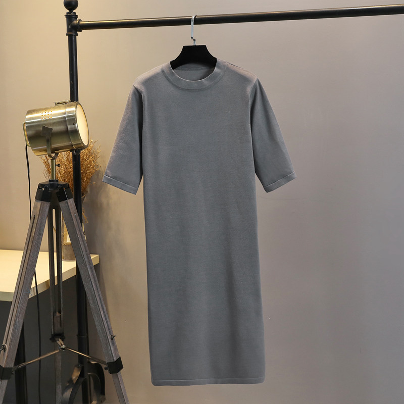 黑色针织连衣裙早春秋宽松显瘦中长款五分袖打底裙半高领内搭裙子