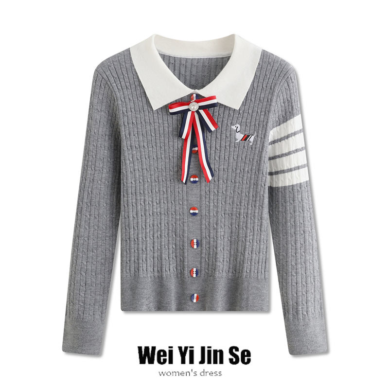 韩版tb四道杠蝴蝶结胸针小狗刺绣Polo领麻花针织套头长袖打底衫