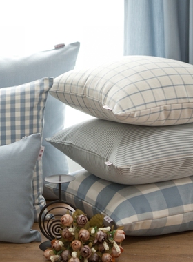 北欧格子靠垫客厅沙发抱枕蓝色抱枕套正方形靠枕靠垫套不含芯家用