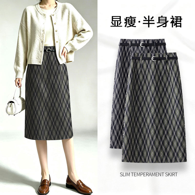 复古格子毛呢半身裙女中长款