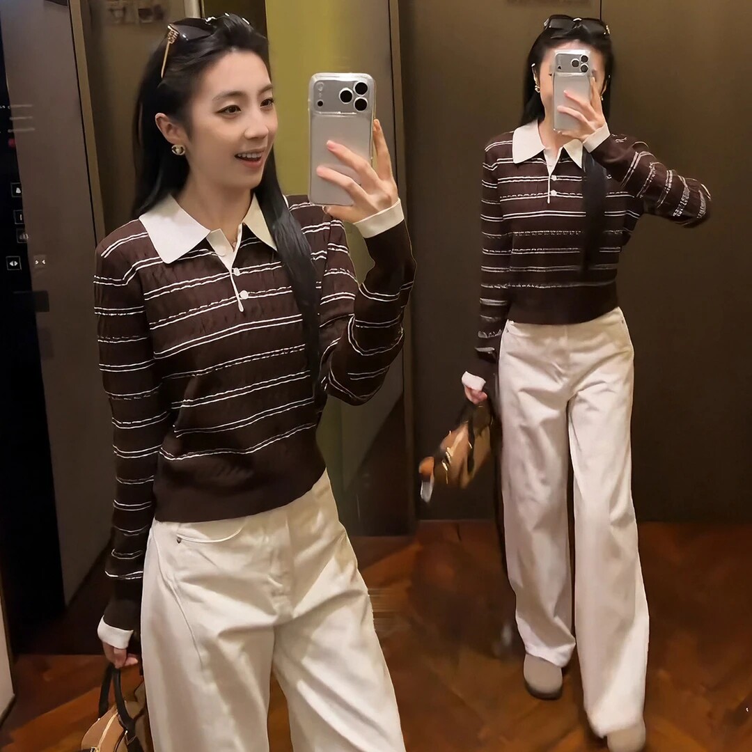 复古翻领条纹长袖针织衫百搭上衣