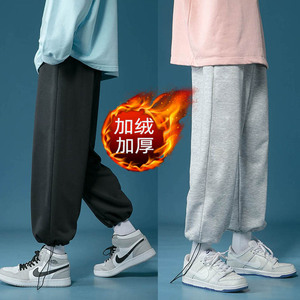 冬季加绒运动裤纯色加厚卫裤直筒宽松抽绳束脚工装裤大码卫裤P23