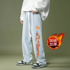 加绒牛仔裤男士港风宽松阔腿裤编织绳休闲裤粗绳拖地裤老爹裤长裤图片