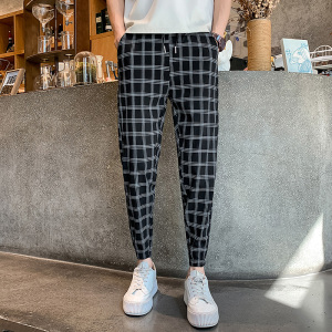 秋季长裤休闲裤男士九分裤美发师潮流黑白格子裤束脚工装裤  A115图片