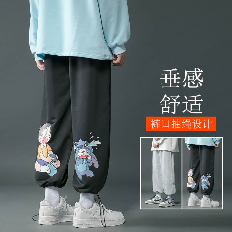 现货冬季加绒加厚裤子男女中性休闲裤束脚工装裤哆啦A梦印花卫裤,男装休闲裤,星座712-1