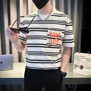 夏季新款男士短袖T恤黑白条纹衣服男女同款打底衫 TX03-P58图片