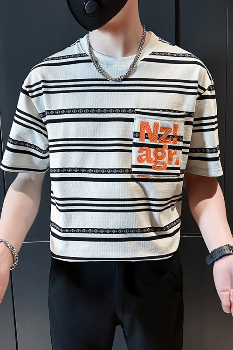 2024新款男士短袖T恤青少年时尚黑白条纹衣服半袖打底衫TX03-P58,男装T恤,星座712-1