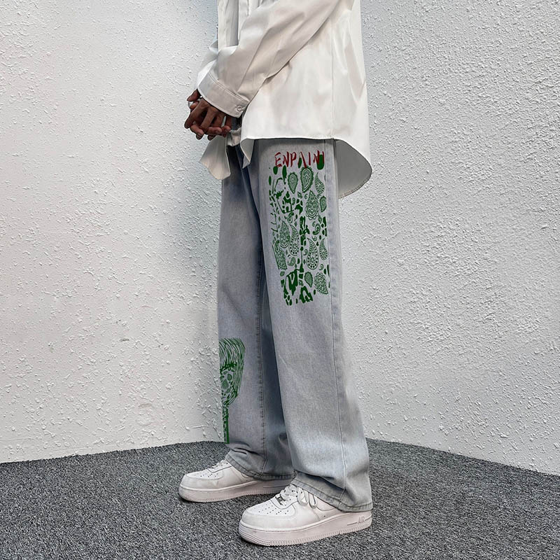 春夏装男士牛仔裤港风直筒裤腰果花裤子男女中性休闲裤拖地裤N05，男装牛仔裤，星座712-1