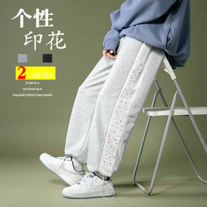 春夏新款运动裤潮流拼接印花卫裤坠感宽松阔腿裤束脚工装裤K36P45图片