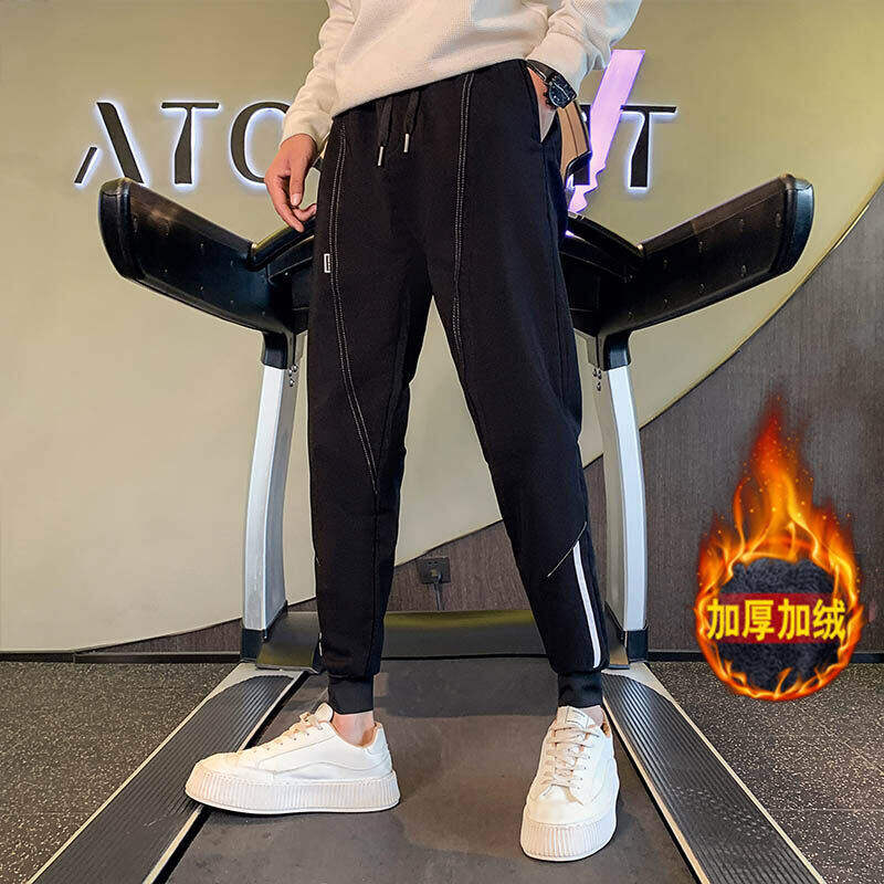 春季加厚保暖长裤加绒裤子男士纯色休闲裤修身小脚裤哈伦裤 A69图片