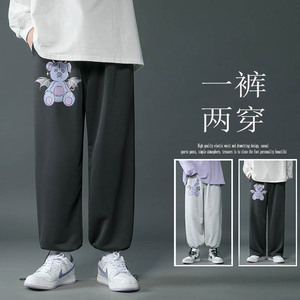 秋季新款港风裤子男士纯色休闲裤男女中性卫裤抽绳束脚运动裤图片