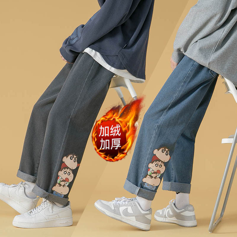加绒牛仔裤蜡笔小新印花裤子港风阔腿裤男女中性休闲裤坠感拖地裤，男装牛仔裤，星座712-1