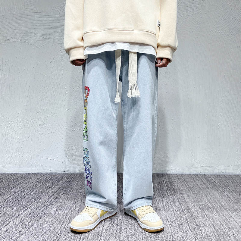 加绒牛仔裤冬季加厚长裤港风潮流宽松拖地裤加大码1611B-1-K33P50,男装休闲裤,星座712-1