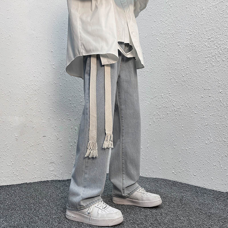 K37P40 编织绳牛仔裤潮牌男士直筒宽松阔腿裤大码长裤图片