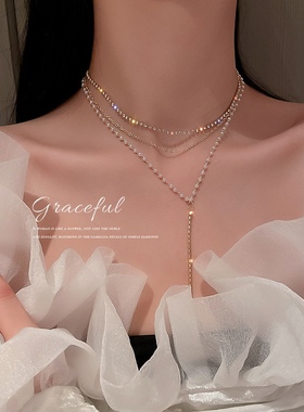 2024年新款女颈链日韩气质小众设计感锁骨链珍珠流苏多层叠戴项链