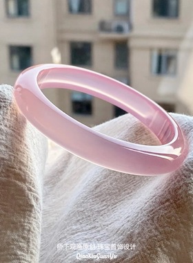 高冰种樱花粉玉髓手镯芙蓉粉玛瑙玉镯粉色玛瑙玉髓宽胎