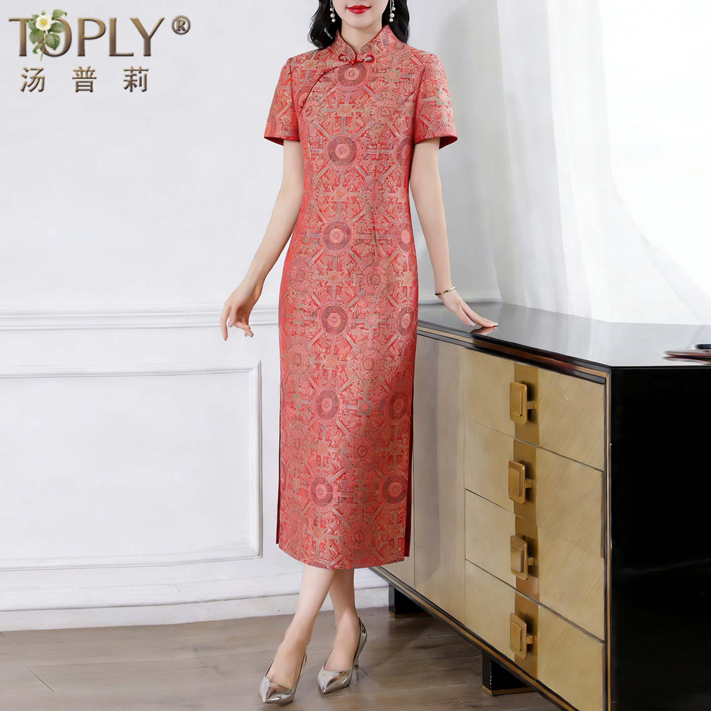 喜妈妈婚宴高端礼服女新中式红色旗袍喜婆婆敬酒服连衣裙平时可穿