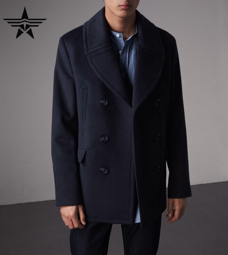 美国海军peacoat外套羊毛呢子藏青修身男式翻领冬双排扣740大衣