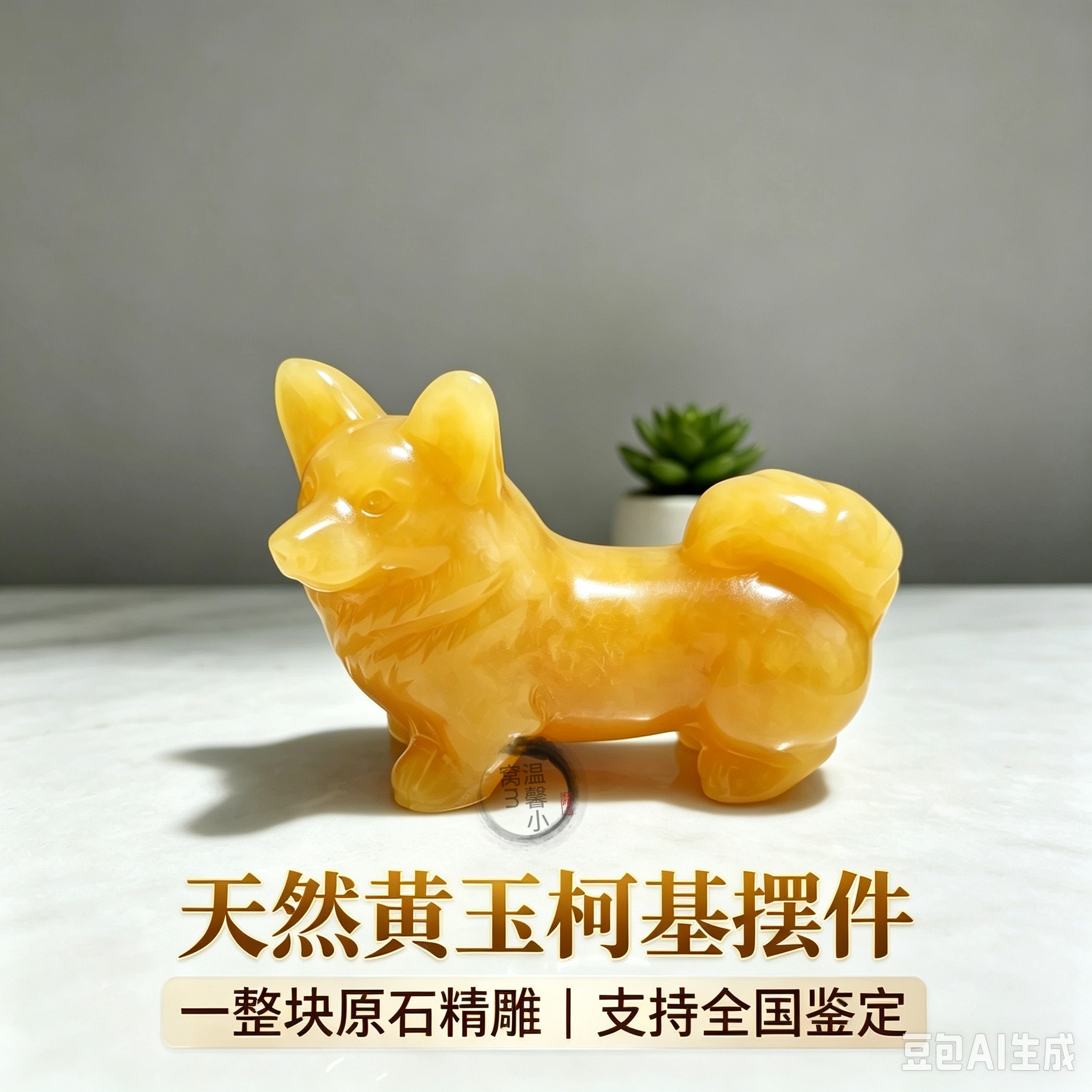 客厅天然米黄玉石雕十二生肖招财狗补角桌面小摆件旺财柯基小黄狗