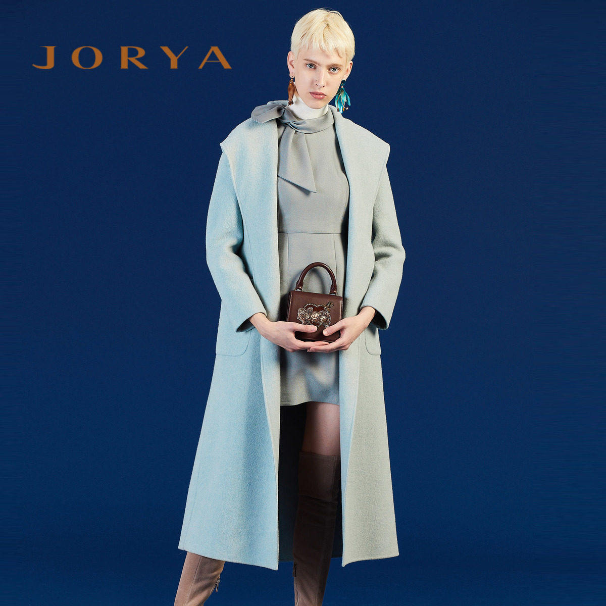 JORYA欣贺卓雅秋季翻领大口袋中长毛呢外套K1600303