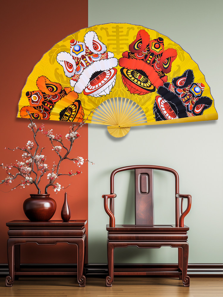 초대형 교수형 팬 국가 추세 북경 오페라 사자 각성 팬 새해 사자춤 개막 축하 무대 장식 배경 벽걸이 접이식 팬