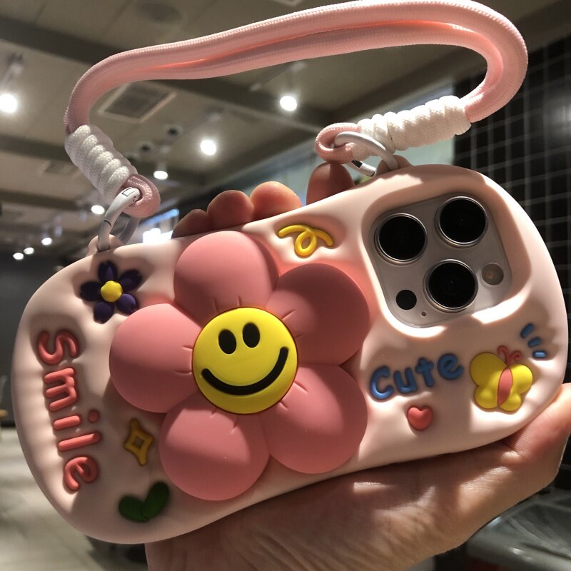 日韩ins立体花朵笑脸伸缩支架适用iPhone17proMax手机壳苹果16 15 14 13全包防摔软硅胶套挂绳女