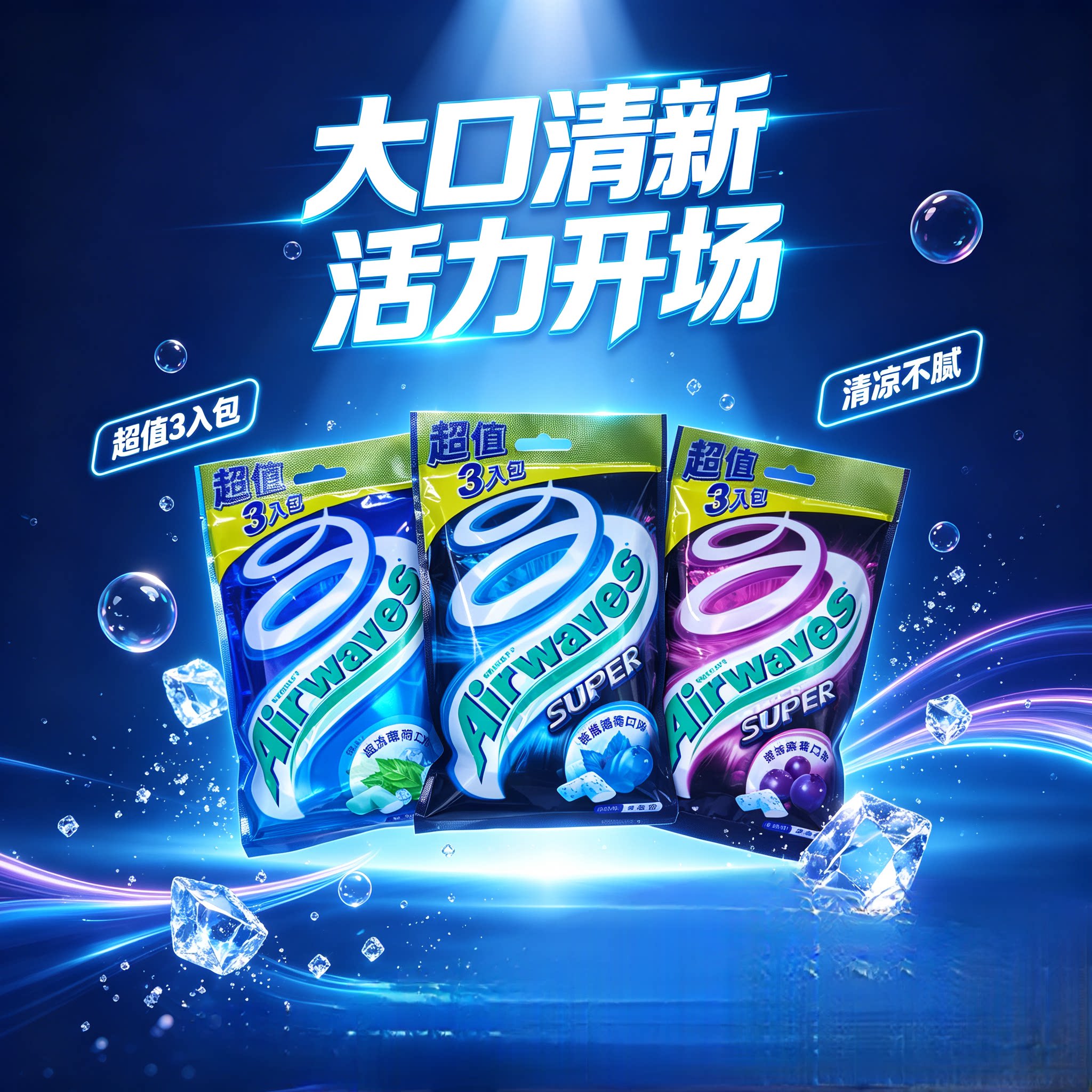 台湾进口airwaves劲浪爽浪无糖口香糖极酷呛凉薄荷超清凉109G