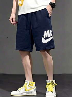 Nike耐克裤子新款蓝色短裤针织毛圈五分裤男士棉质运动裤休闲潮裤