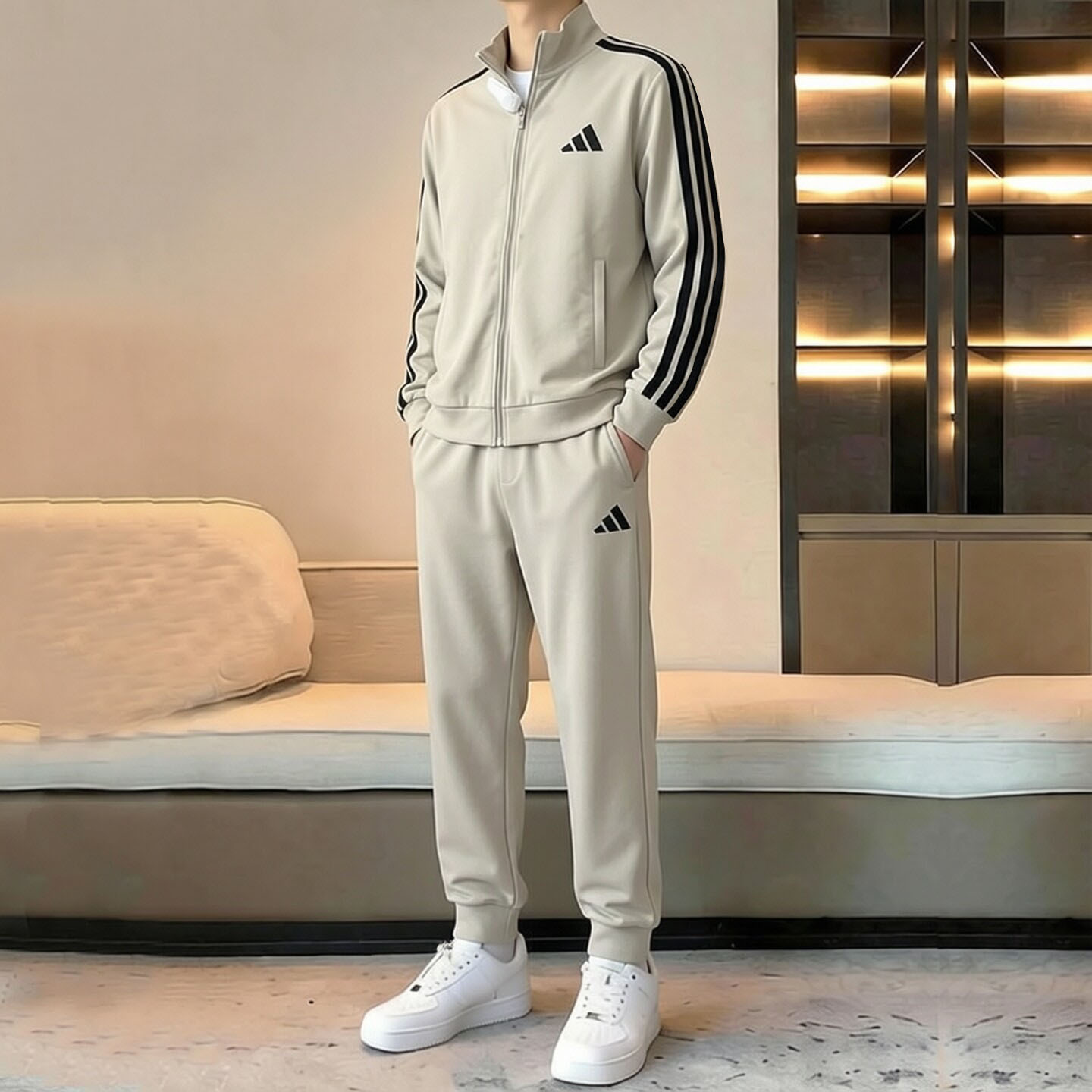 阿迪达斯纯色套装男运动服秋季正品立领夹克外套男士篮球棉质裤子