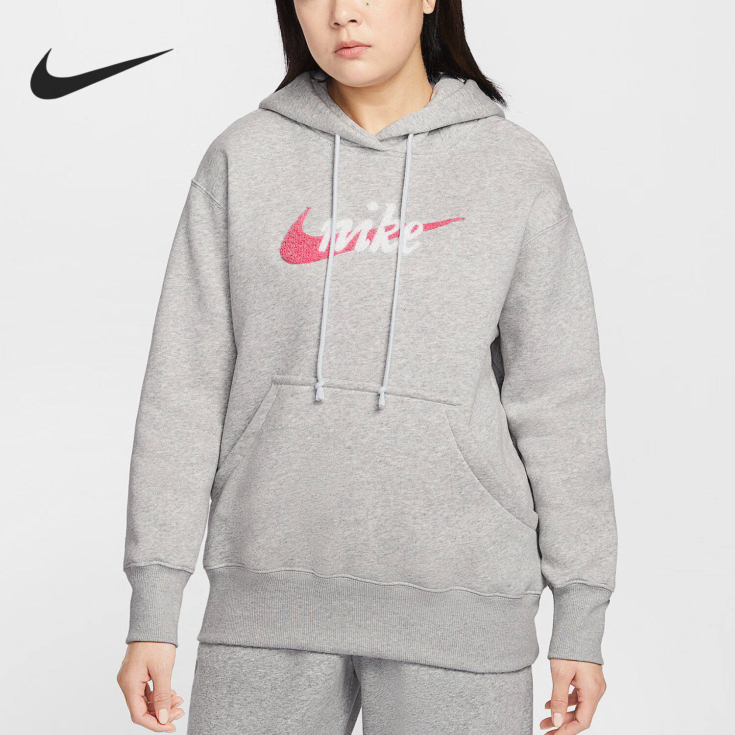 Nike耐克新款女士连帽卫衣新品新款宽松字母印花灰色套头衫潮流