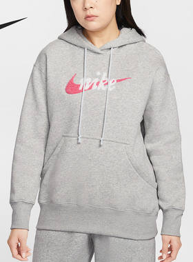 Nike耐克新款女士连帽卫衣新品新款宽松字母印花灰色套头衫潮流