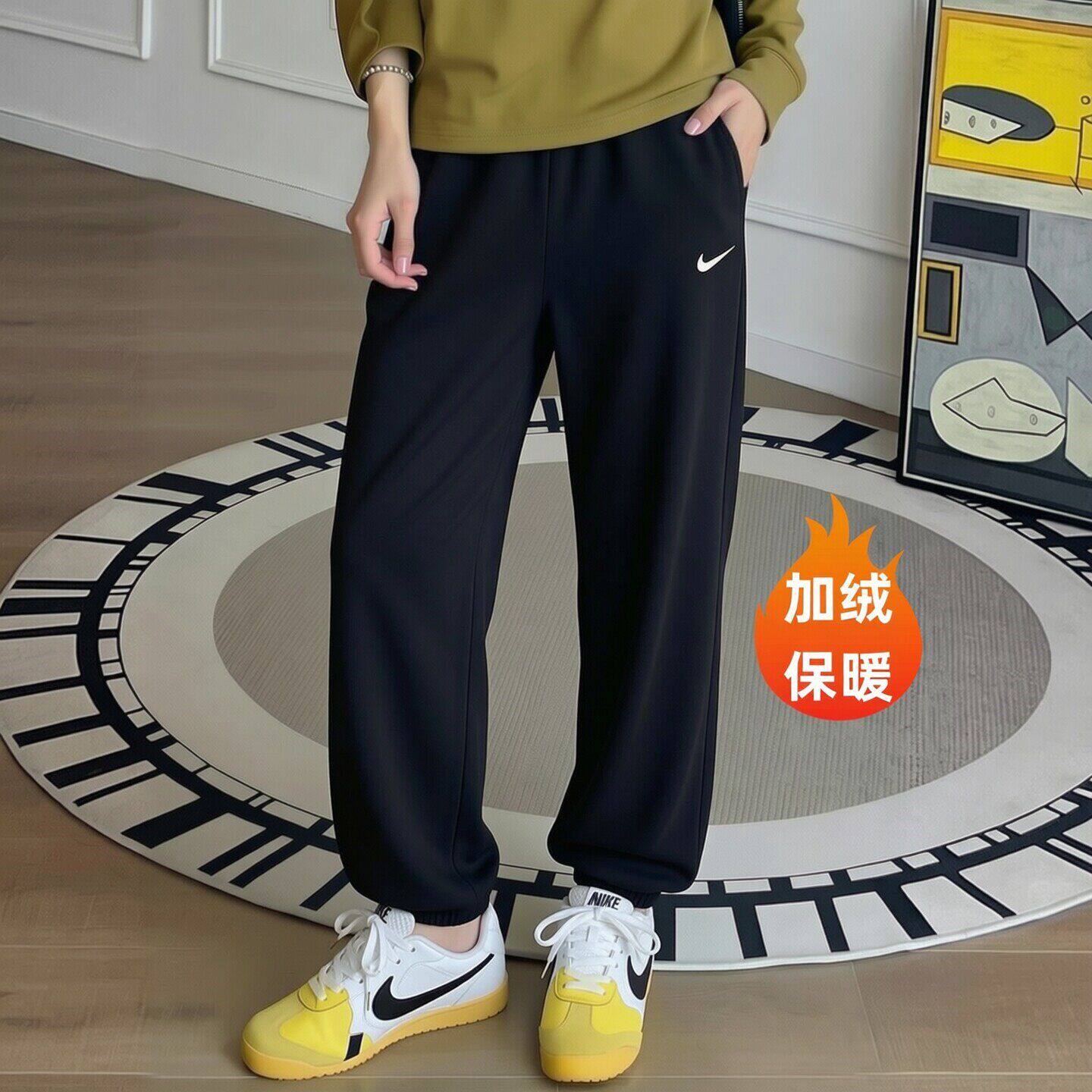 Nike耐克裤子黑色加绒长裤女子收脚运动裤新款宽松休闲裤厚款卫裤