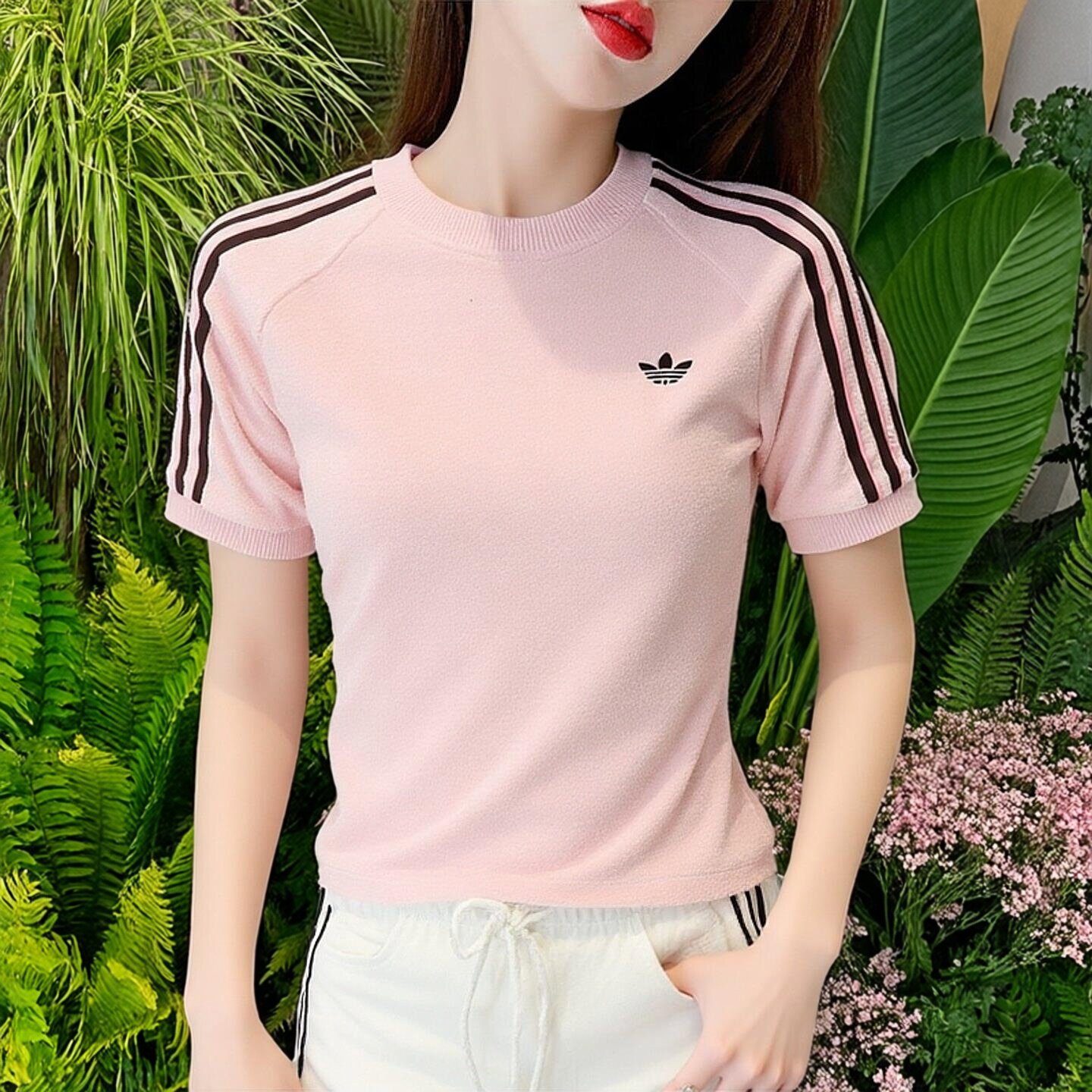 阿迪达斯三叶草夏季正品女装短款修身上衣粉色简约三杠休闲T恤