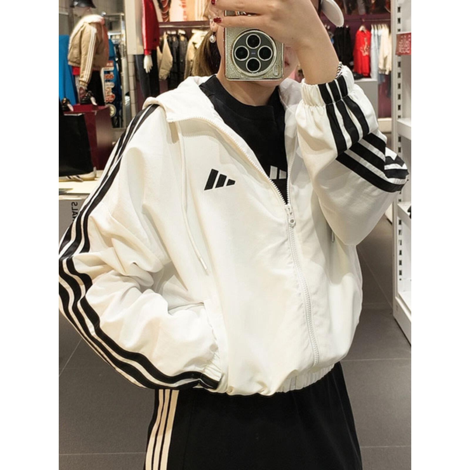 阿迪达斯短款外套女春季正品白色防风衣美式运动服宽松梭织夹克女
