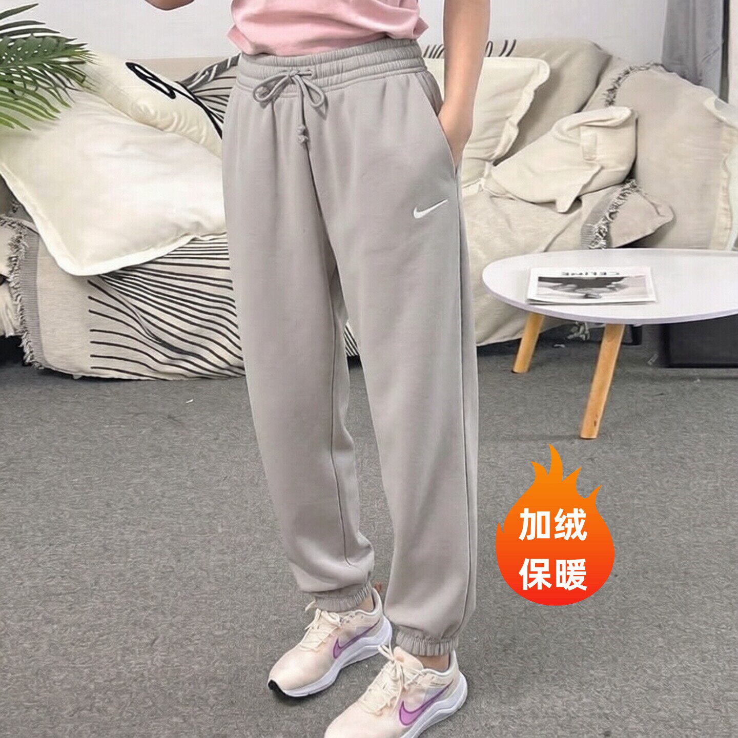 Nike耐克潮流时尚加绒卫裤女子宽松束脚裤新款针织运动裤休闲长裤