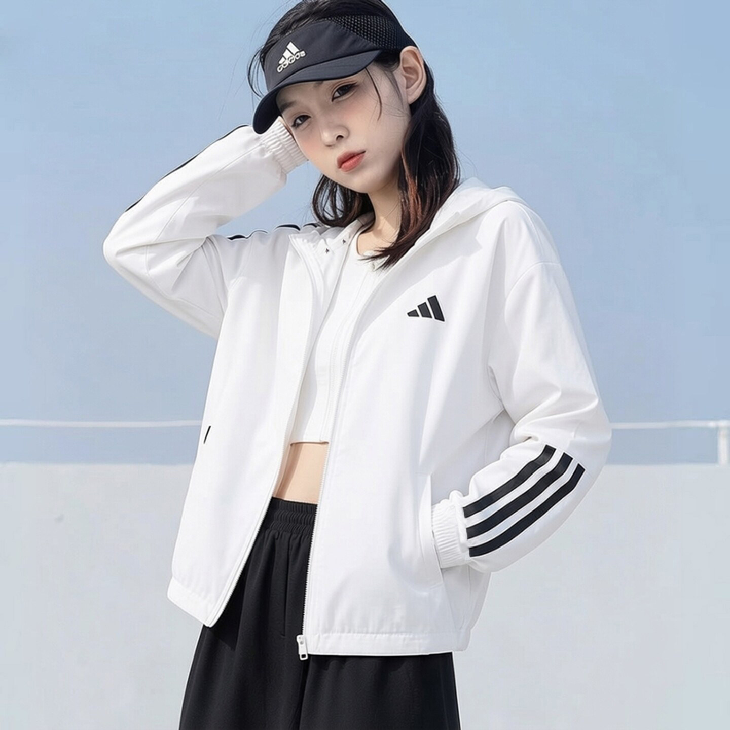 Adidas薄款外套女夏季正品透气梭织快干连帽白色宽松棒球防风衣