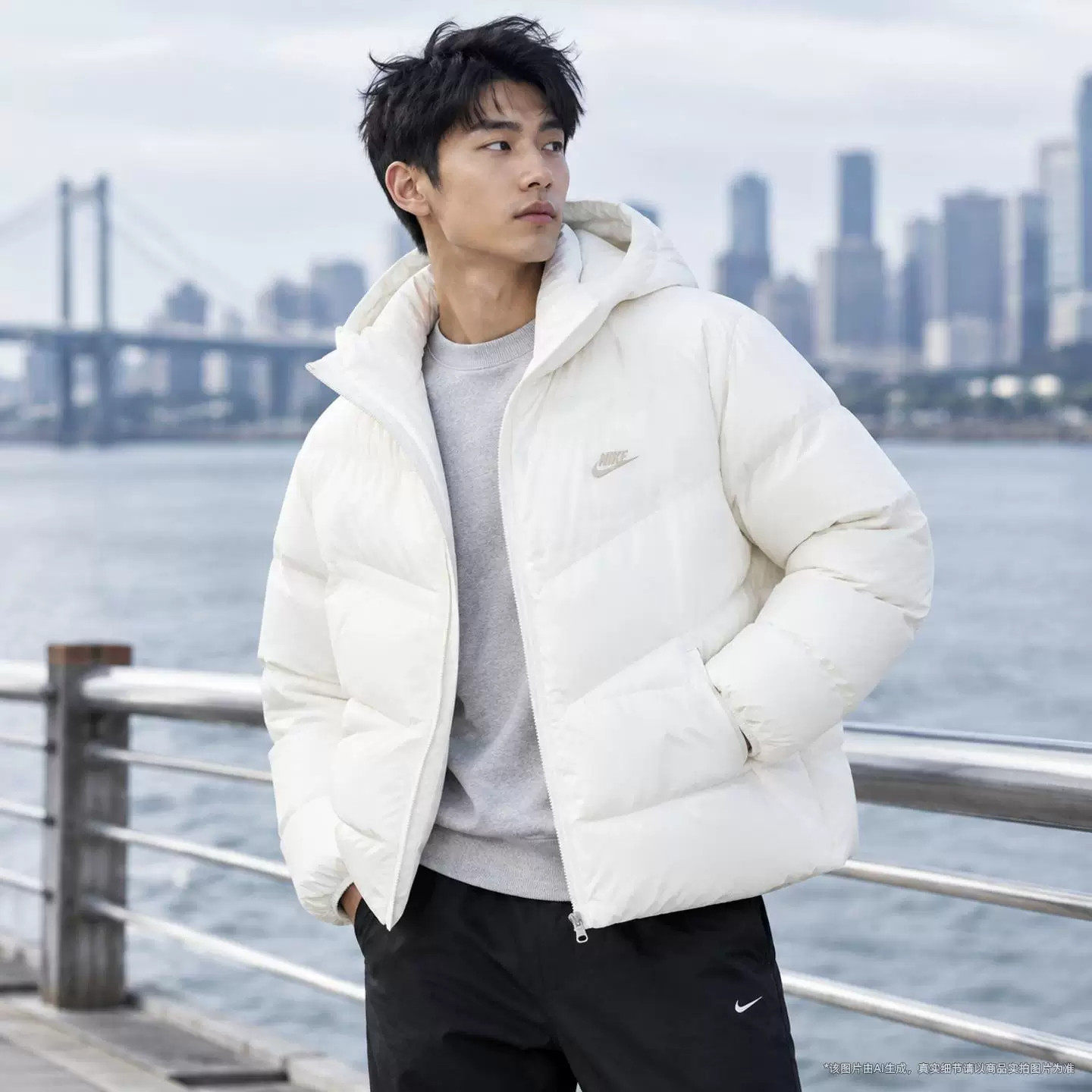 Nike耐克新款羽绒服男白色连帽短款加厚保暖运动外套潮流时尚