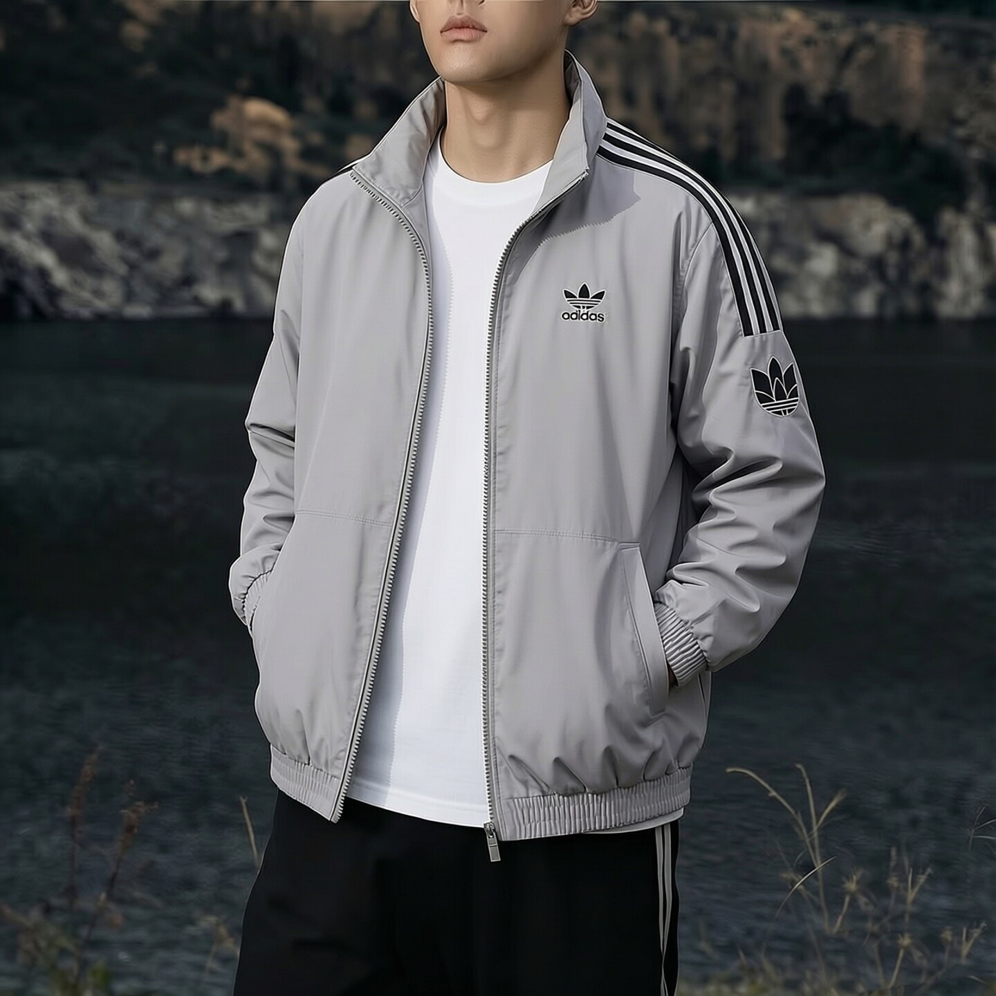 Adidas三叶草外套男正品灰色宽松运动服美式棒球服休闲立领夹克