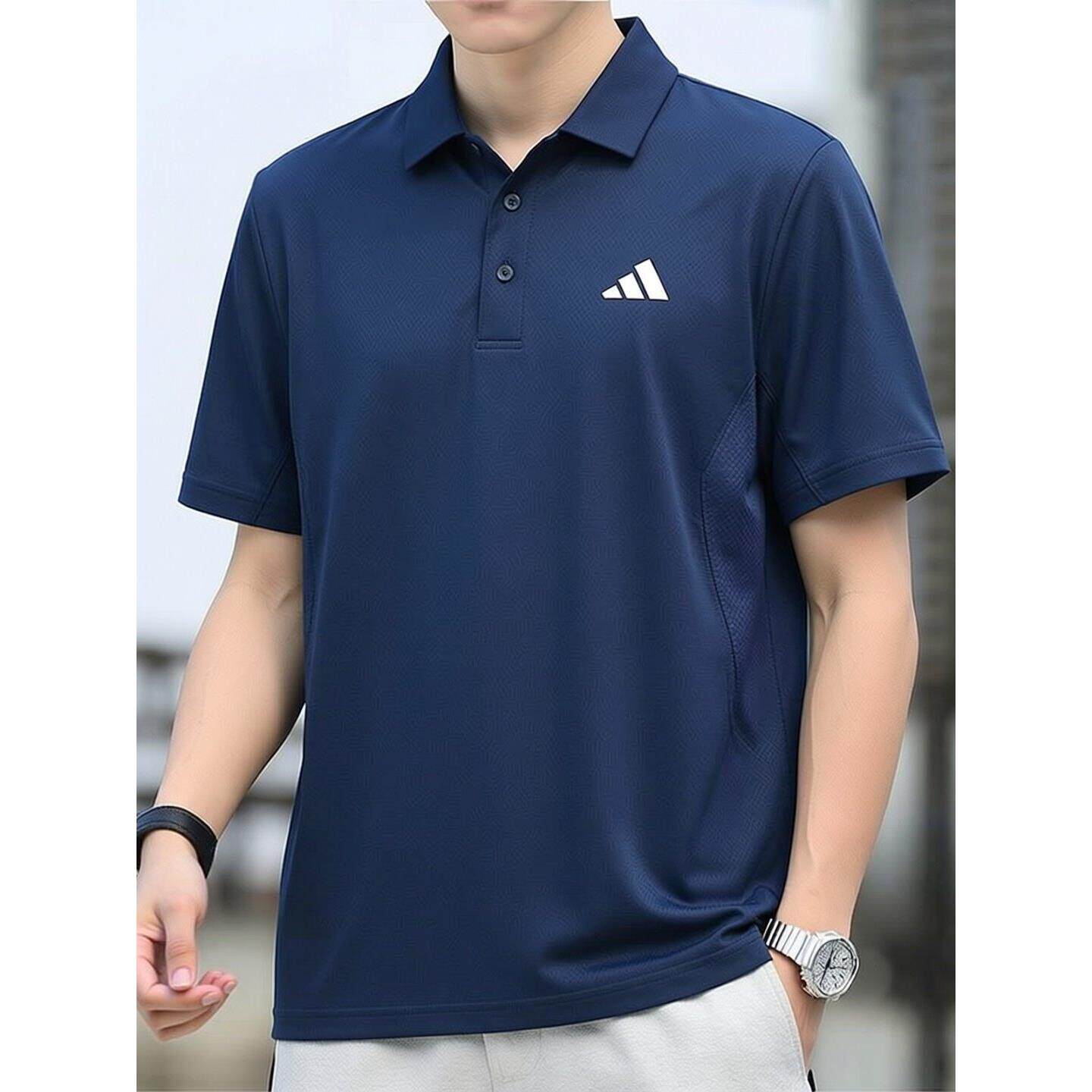 阿迪达斯男士冰丝短袖T恤男正品蓝色商务休闲百搭透气翻领polo衫