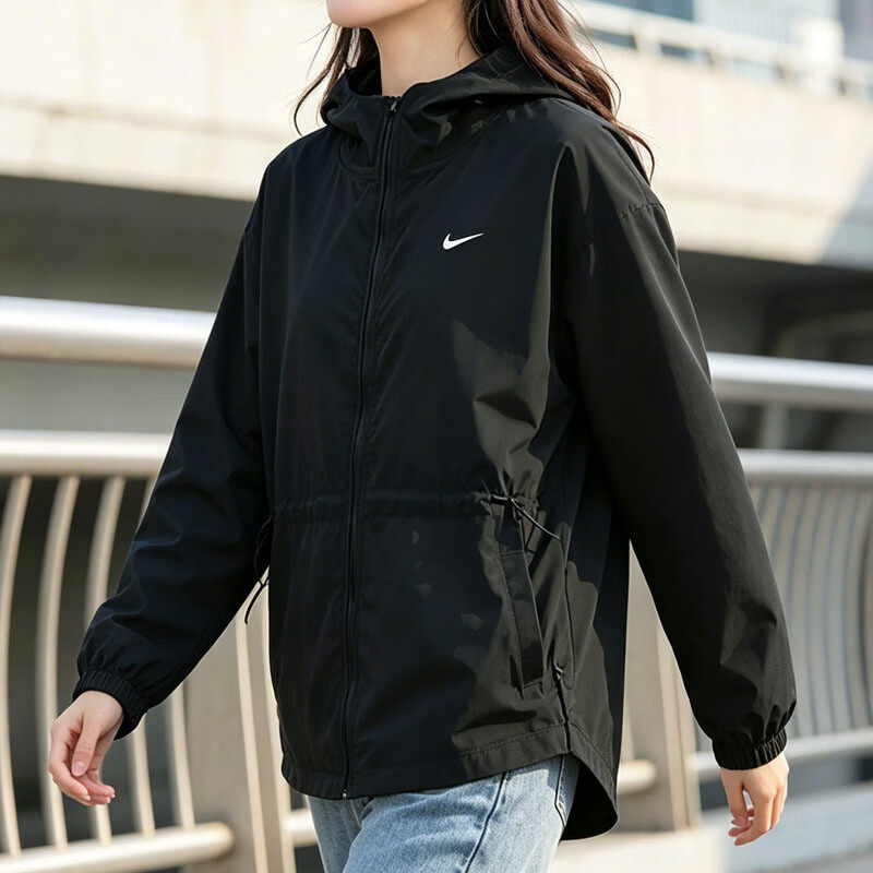 Nike耐克梭织薄款外套女子速干夹克新款连帽跑步上衣宽松版运动服