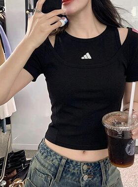 阿迪达斯短款上衣女T恤夏季新款美式复古辣妹半袖韩版黑色短袖女