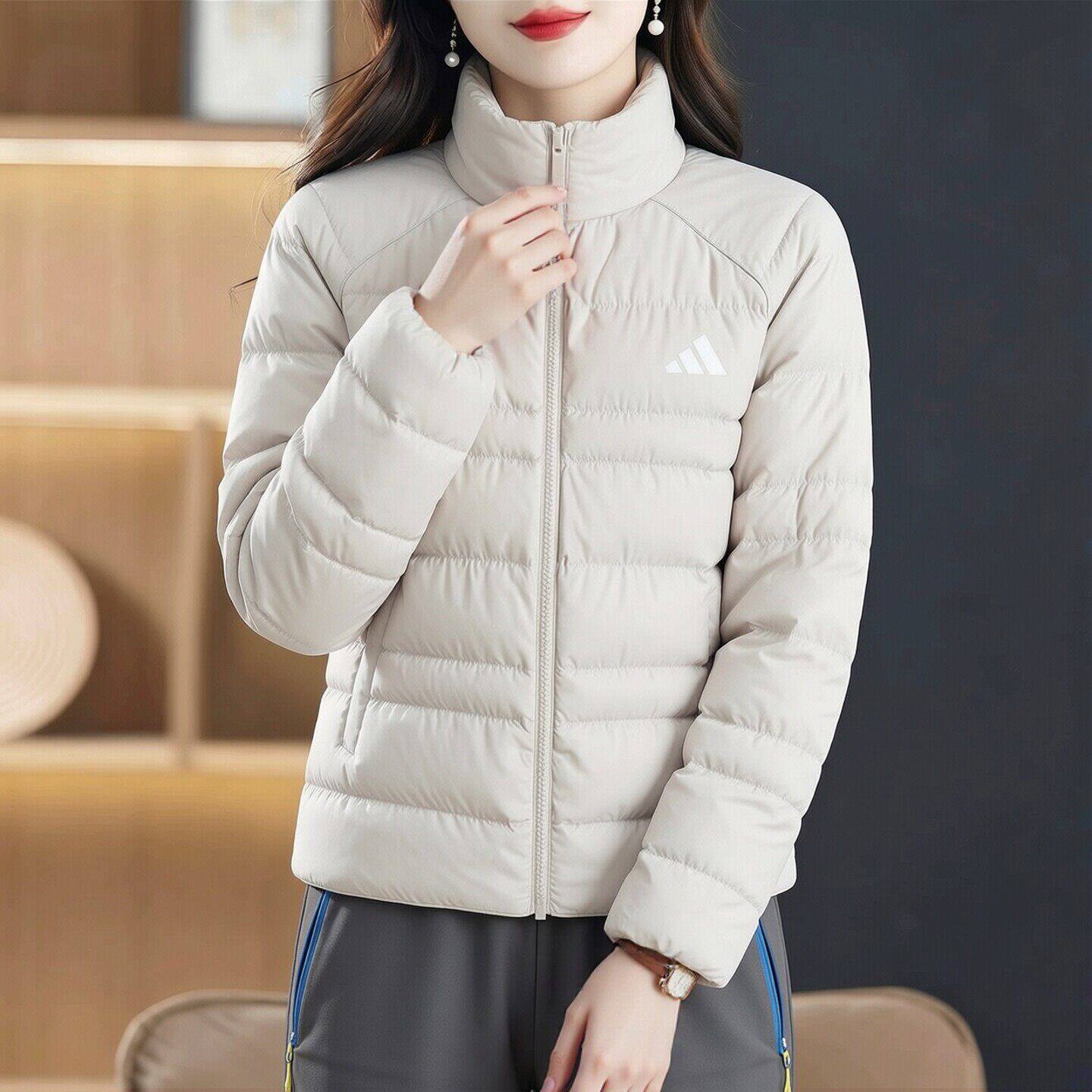 阿迪达斯立领棉服女秋冬宽松保暖防风运动服简约纯色加厚休闲外套