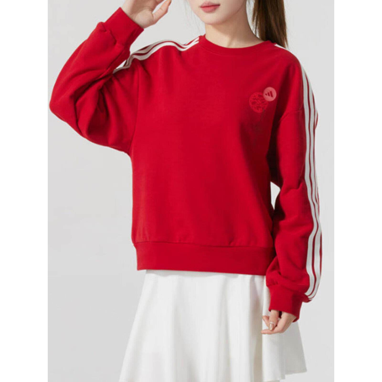 阿迪达斯红色卫衣女正品春季正品运动服针织圆领本命年上衣套头衫