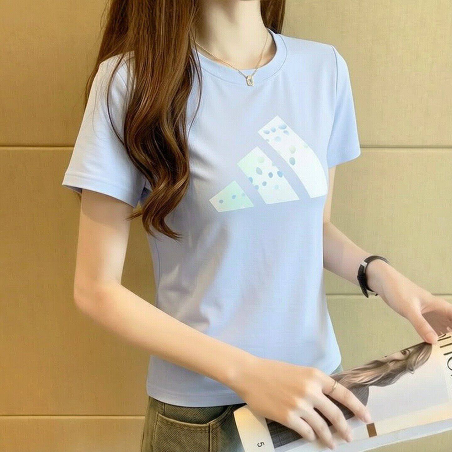 阿迪达斯棉短袖女装夏季透气简约蓝色休闲装圆领宽松T恤上衣半袖