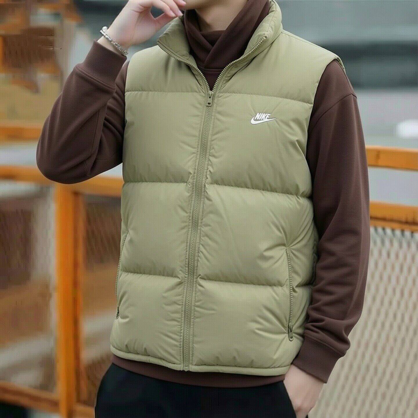 Nike耐克绿色羽绒马甲冬季新款保暖外套男士防水立领夹克运动上衣