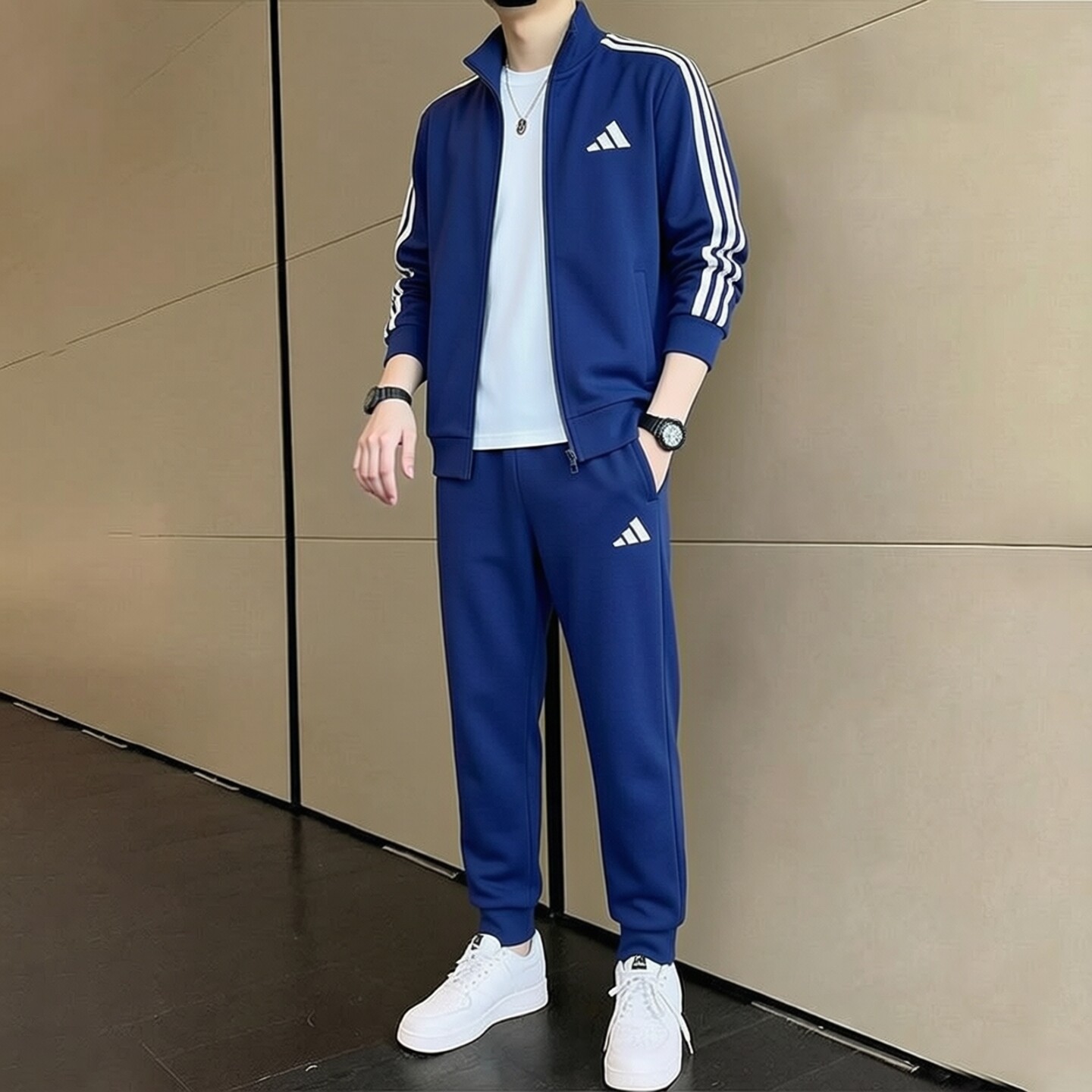 adidas阿迪达斯蓝色运动套装男秋立领外套收口长裤针织男士两件套