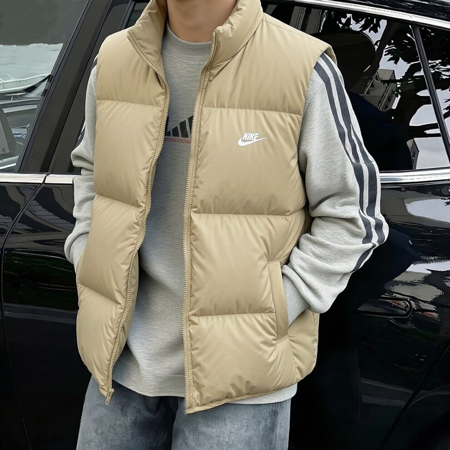 Nike耐克2026年新款羽绒马甲男士卡其色外套防水立领夹克运动上衣