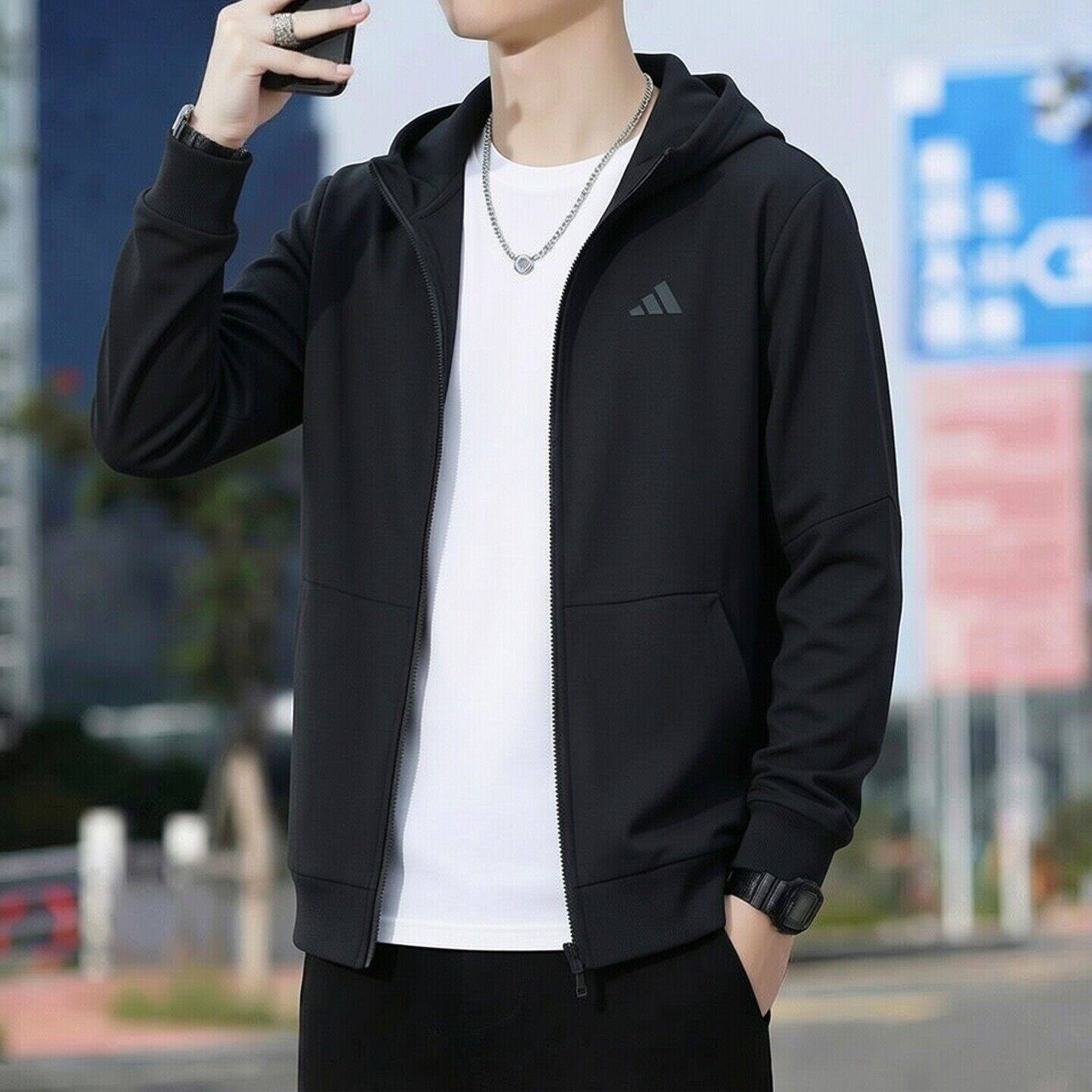 阿迪达斯运动外套男新款健身训练跑步服连帽上衣防风针织连帽夹克