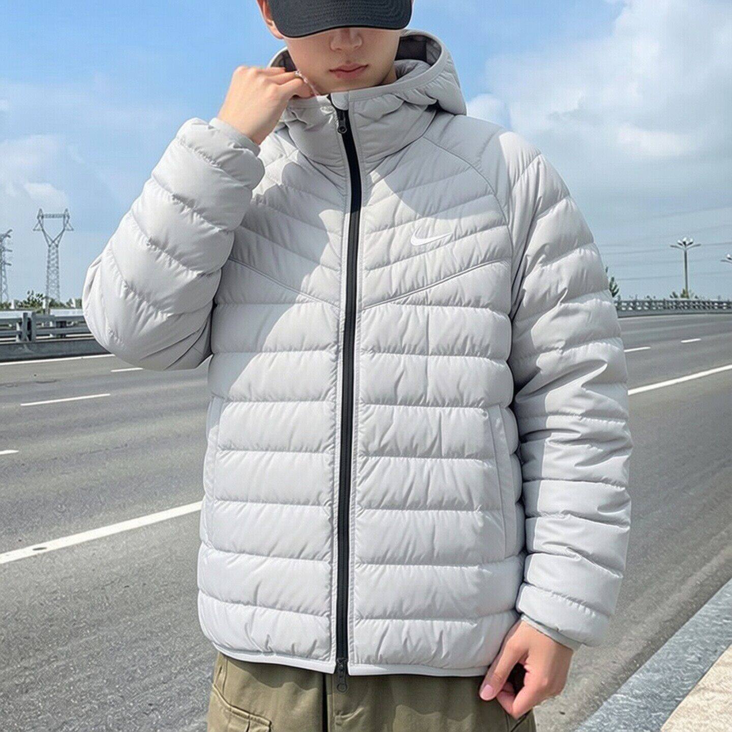 Nike耐克浅灰色羽绒服户外连帽上衣新款保暖男装外套休闲款运动服