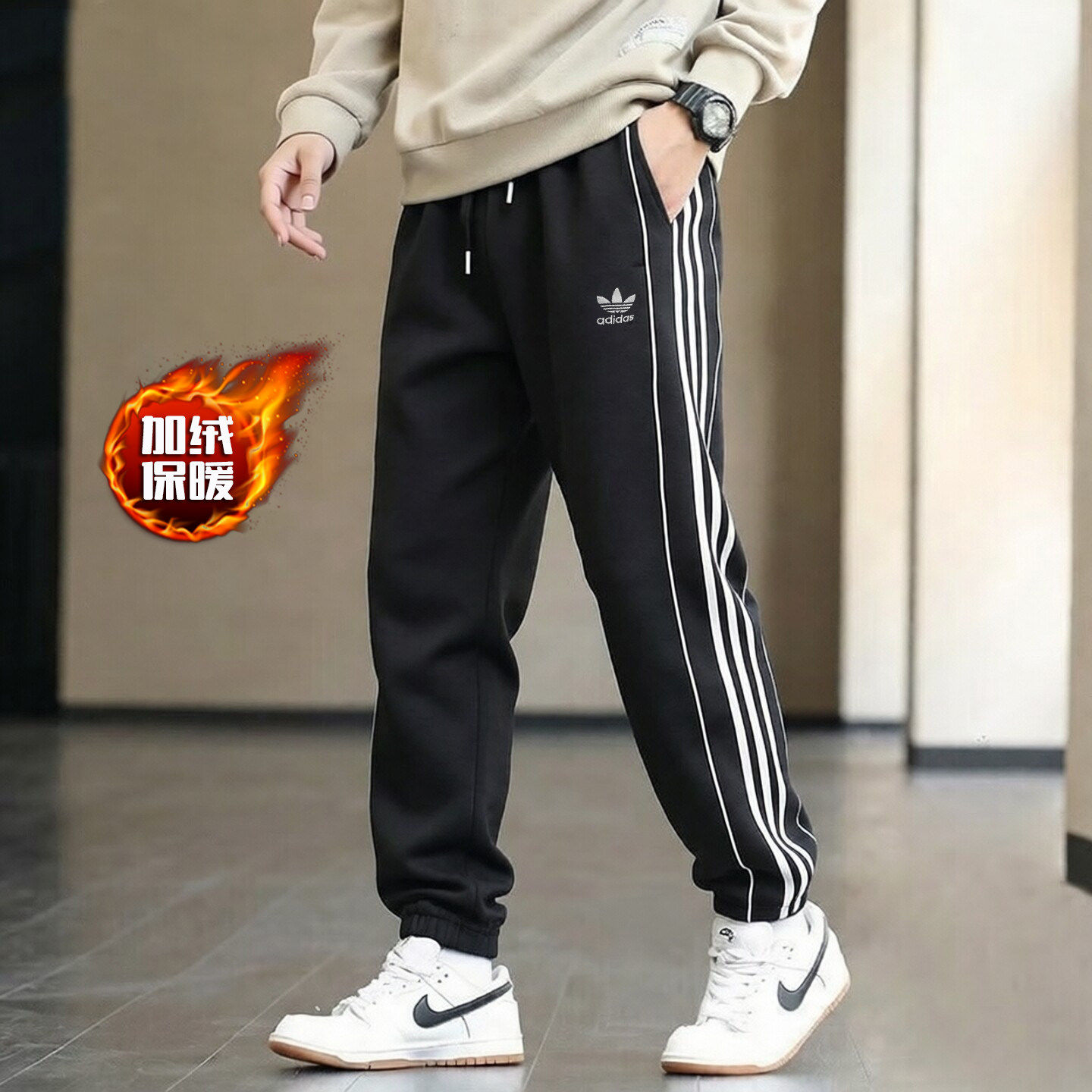 adidas三叶草加绒束脚裤男裤子秋季保暖复古卫裤棉长裤篮球运动裤